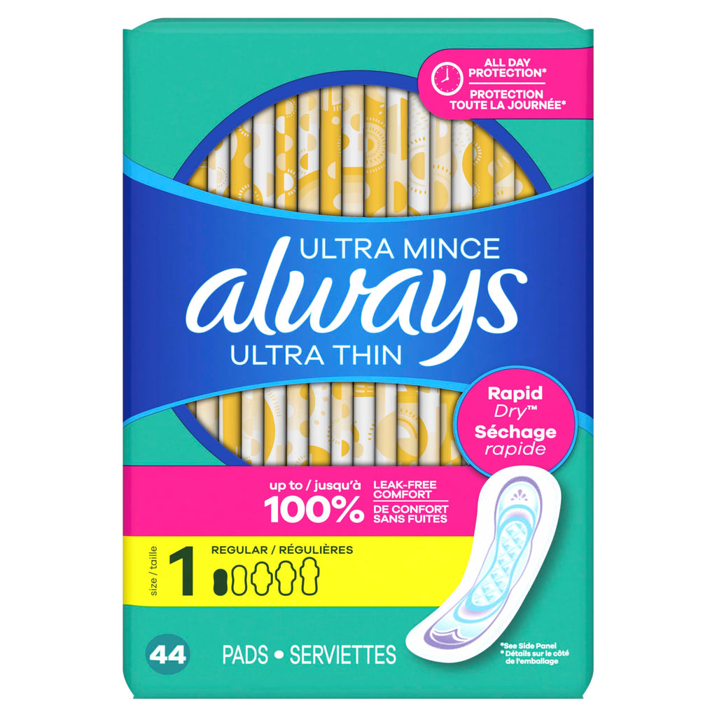 Always Ultra Thin Feminine Pads Without Wings for Women, Size 1, Regular Absorbency, Unscented, Up to 100% Leak-Free Protection, 44 Count x 3, 132 Count Total
