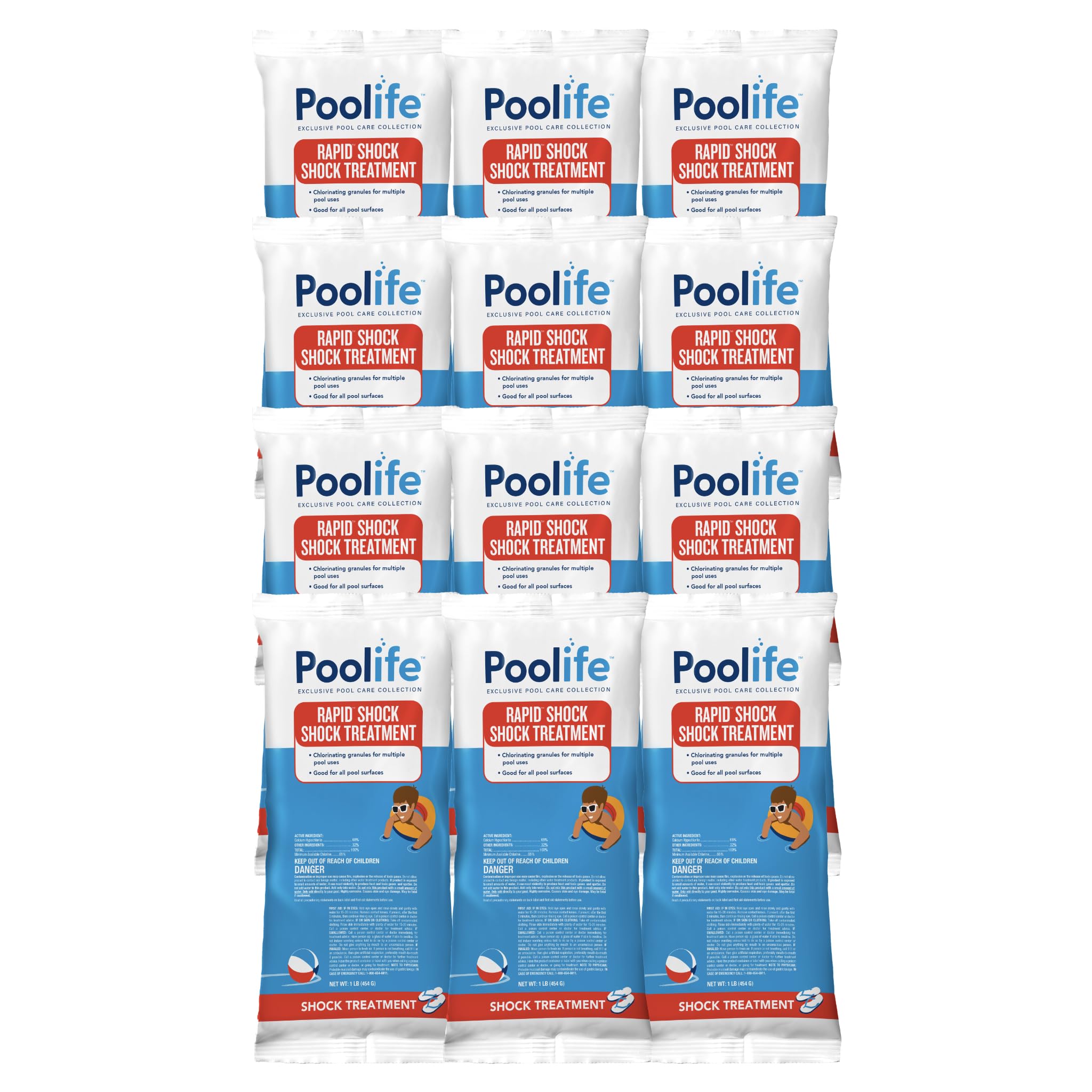 Poolife Rapid Shock for Pool Algae, Bacteria, Contaminant Removal - Fast-Dissolving, CYA-Free Calcium Hypochlorite Pool Shock for Clean Water - Chlorine Granules for Above/Inground Pools - 1lbx12 Bag