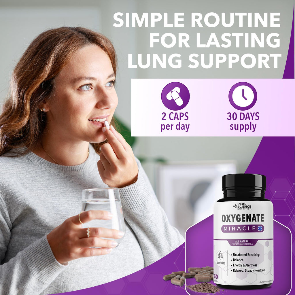 Real Science Oxygenate Miracle – Daily Lung & Circulation Support Supplement for Breathing Comfort and Energy – Supports Respiratory Function and Overall Wellness, 60 Caps