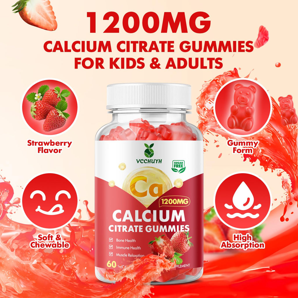 VCCHUYH Calcium Citrate Gummies 1200mg, Chewable Calcium Supplements for Women & Men, Sugar Free Calcium Gummies for Bone, Muscle & Immune Support, Strawberry Flavor 120 Count