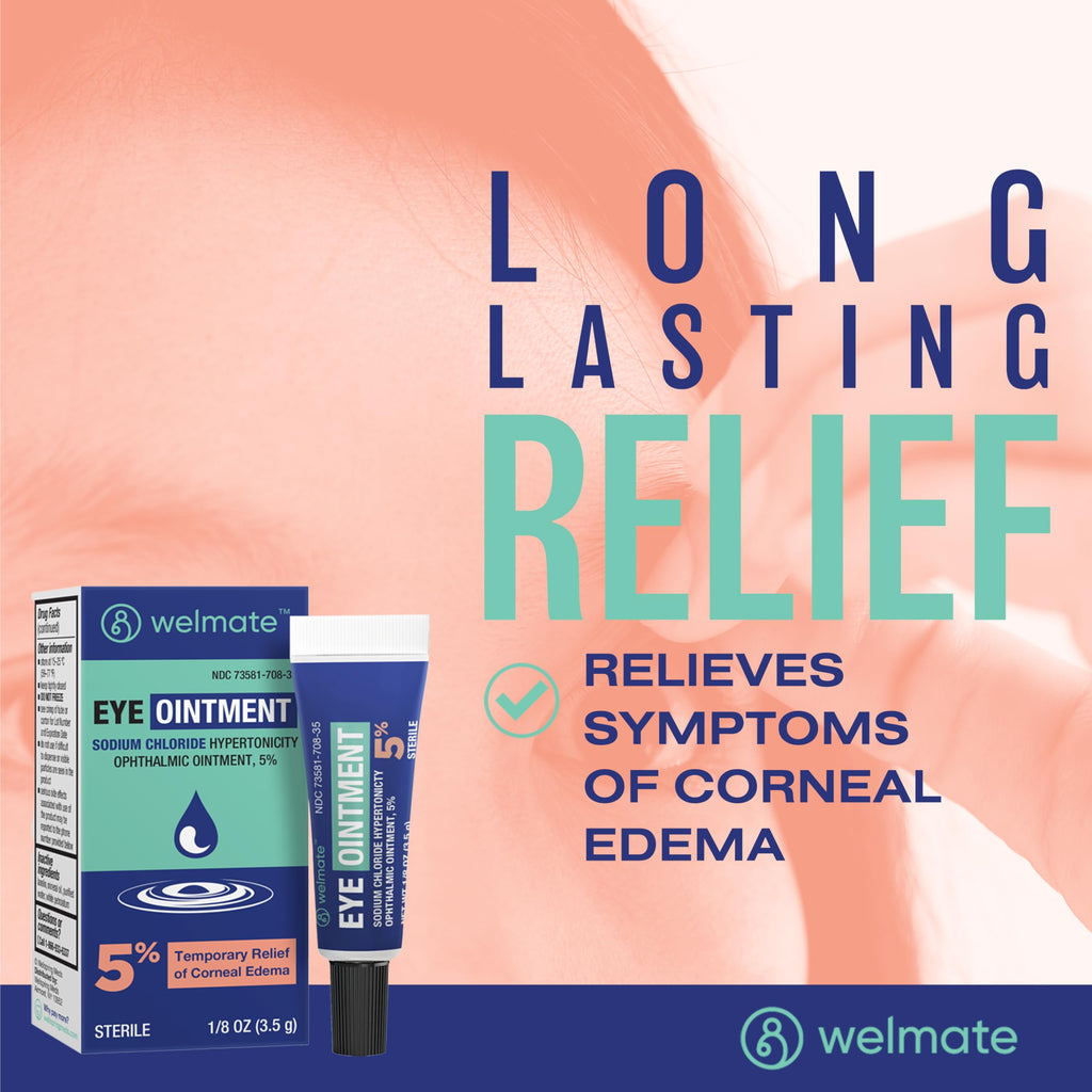 WELMATE - Eye Ointment (1 Tube) - Sodium Chloride Hypertonicity Ophthalmic Ointment 5% - Relief of Corneal Edema Symptoms - Lanolin & Mineral Oil - Sterile - Travel Size - Eye Care - 1/8 oz (3.5g)