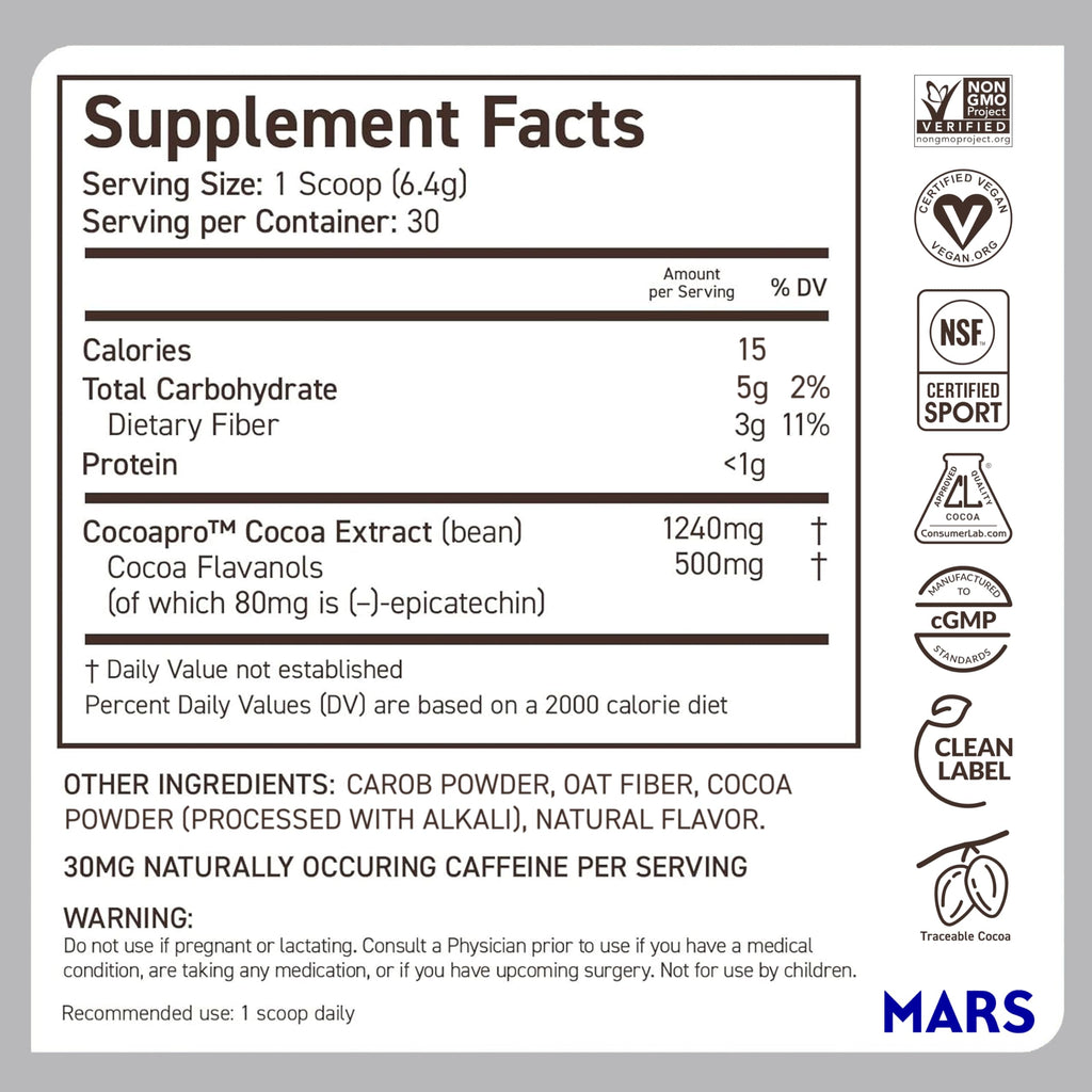 CocoaVia Cocoa Flavanols 500mg – Heart and Brain Support, High Flavanol Cocoa Extract, Boosts Nitric Oxide, Blood Circulation and Memory, Preworkout, Vegan, Gluten-Free, Dark Chocolate, 30-Day