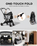 GTPLAYER Pet Stroller for Small Dogs and Cats, One-Click Foldable, Detachable Carrier, Breathable Mesh, 45 lbs Capacity, 2 Safety Leashes, Storage Basket & Cup Holder, Grey