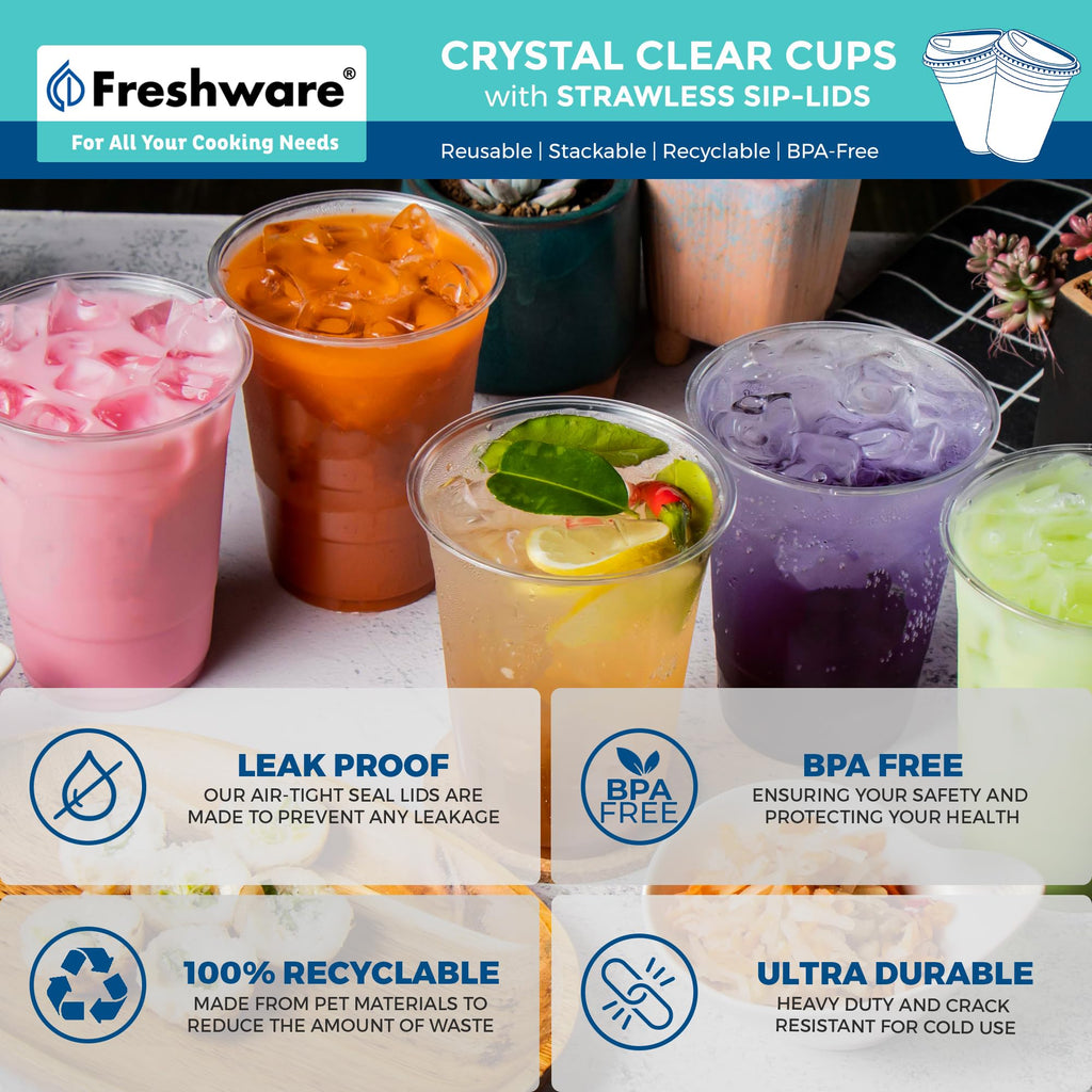 Freshware 16 oz Clear Disposable Plastic Cups with Strawless Sip Lids, 100 Pack Clear Plastic Tumblers, Heavy-duty Party Glasses, Disposable Cup for Thanksgiving, Halloween, Christmas Party