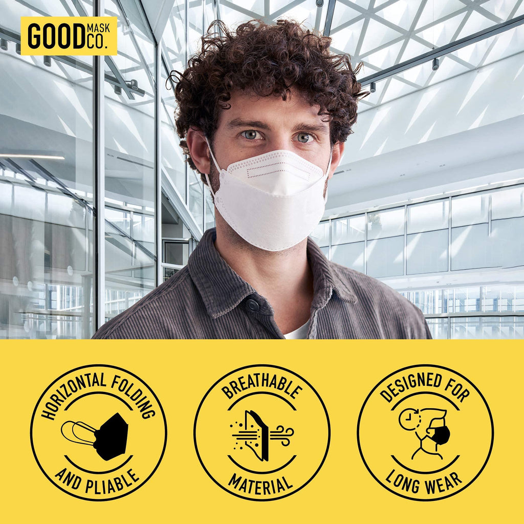 Good Mask Co. Good Comfort KN95 Face Mask, Disposable KN95 Face Mask, Folding, Filter Efficiency =95%, Comfortable Face Masks, Bulk Face Masks (10 Pack of Masks, White)
