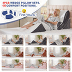 4PCS Orthopedic Bed Wedge Pillow Set for Sleeping, Post Surgery Foam Support Pillows for Back, Neck and Leg Pain Relief, Adjustable Triangle Pillow – Acid Reflux, GERD & Snoring Recovery, White Grey