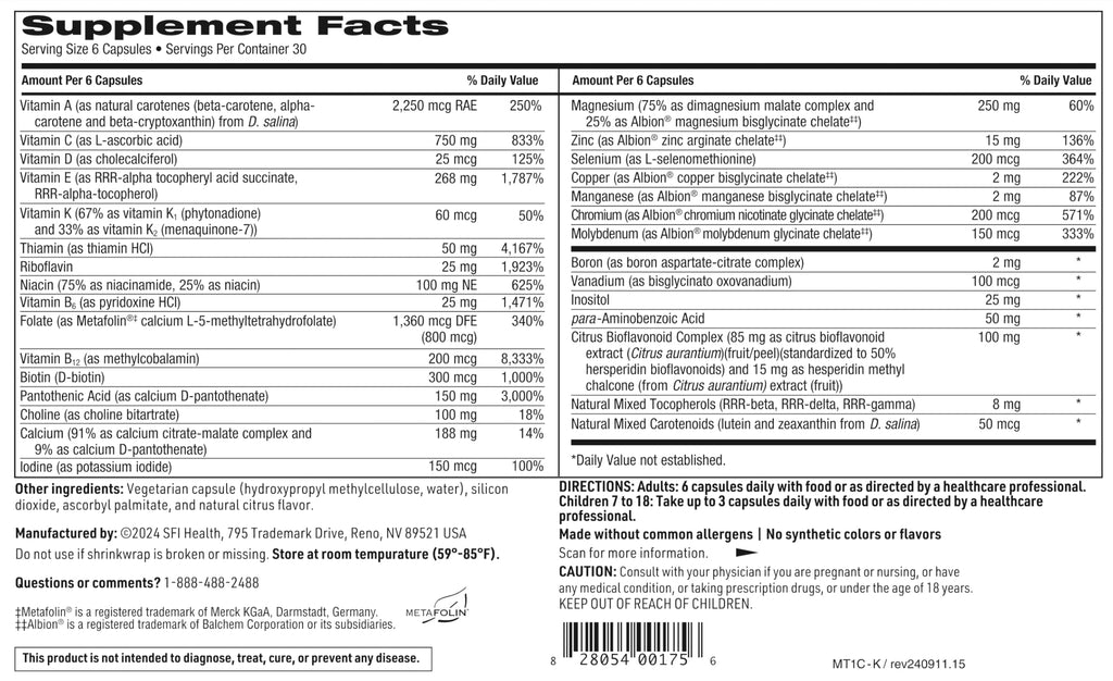 Klaire Labs SFI Health MultiThera 1 Plus K Iron-Free Multivitamin & Multimineral Capsule Formula with Vitamin K1 & K2 - High Potency with Active Folate, No Iron (180 Capsules)