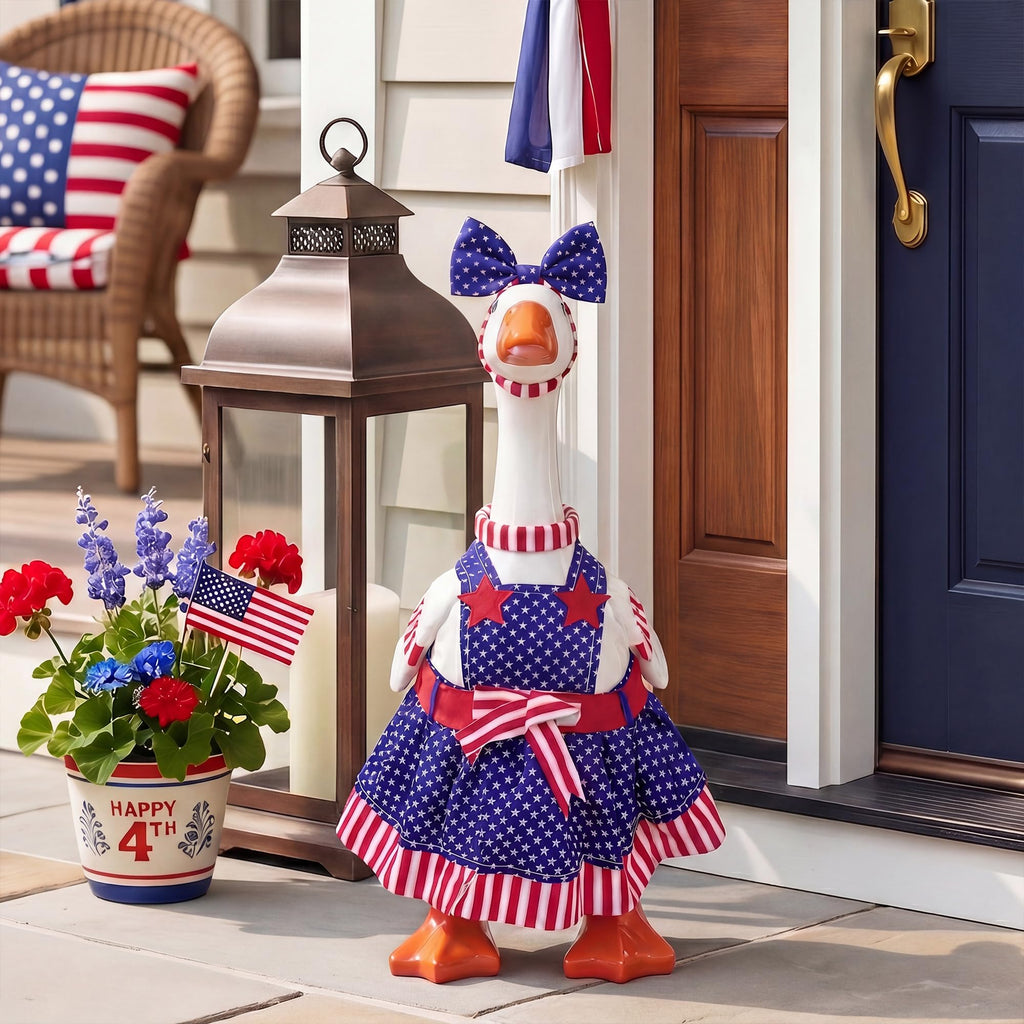 Woaoce 4th of July Porch Goose Outfits with Stars & Stripes, Patriotic Red White Blue Costume for 23 Inch Porch Statue, USA 250th Anniversary Outdoor Lawn Garden Decor