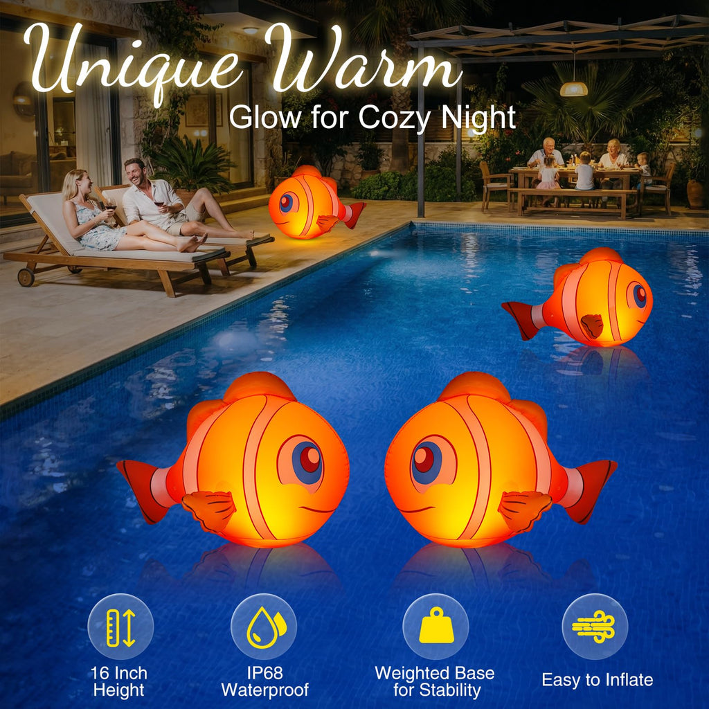 Cootway Floating Pool Lights Solar Powered, 16'' Inflatable Waterproof Clownfish Solar Pool Lights that Float, Auto On/Off LED Floating Lights for Pool Garden Backyard Outdoor Decoration - (2 Piece)