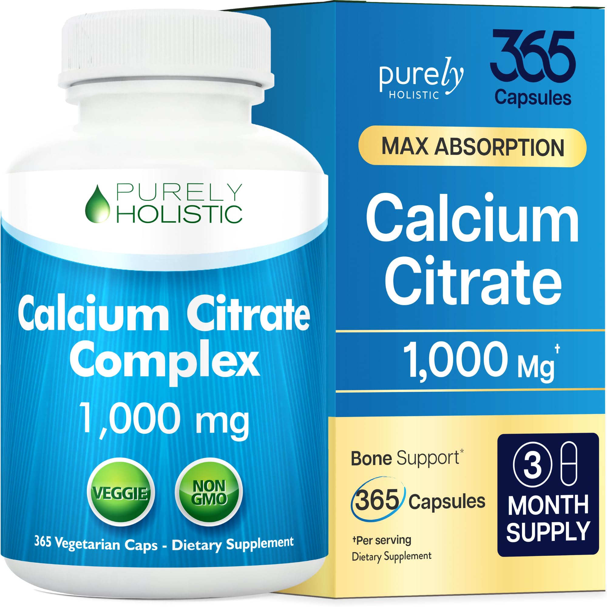 Calcium Citrate 1000mg | Healthy Bone & Teeth Support | High Absorption Cal Citrate | Gentle on Digestion | Vegan & Non-GMO | 3 Month Supply | Calcium Supplements for Women & Men | 365 Capsules