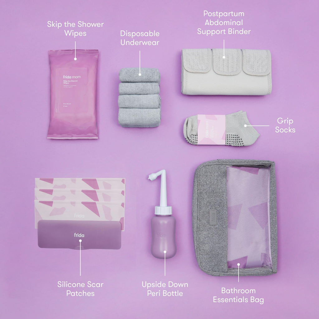 Frida Mom C-Section Recovery Must Have Kit for Labor, Delivery, & Postpartum, Socks, Peri Bottle, Disposable Underwear, Abdominal Support Binder, Shower Wipes, Silicone Scar Patches, & Toiletry Bag