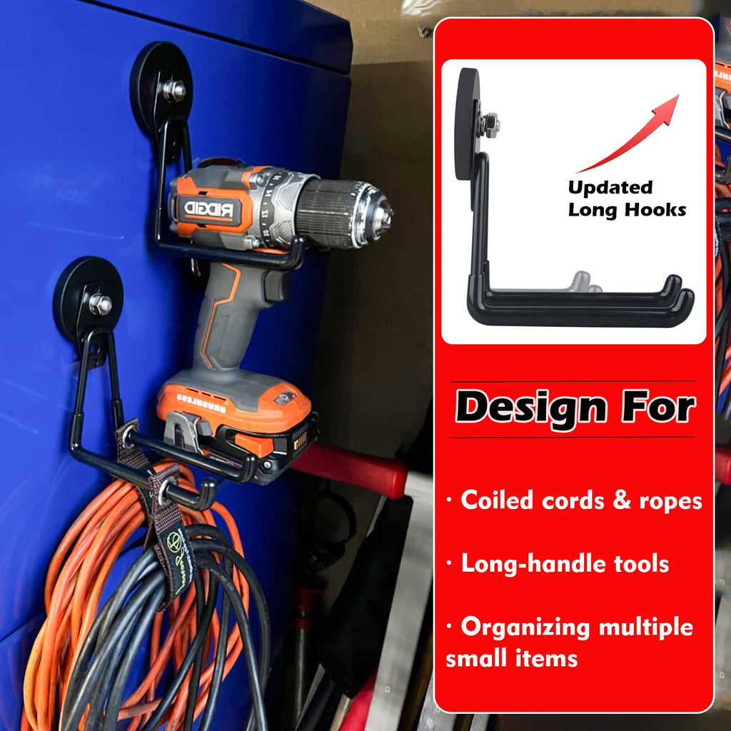 MUTUACTOR Magnetic Hooks Heavy Duty,2PCS Strong Magnetic Garage Hooks for Cruise Cabins,Anti-Scratch Magnet with Long Hooks for Power Drill,Garden Tools,Hose,Tool Chest,Steel Pegboard,Workshop