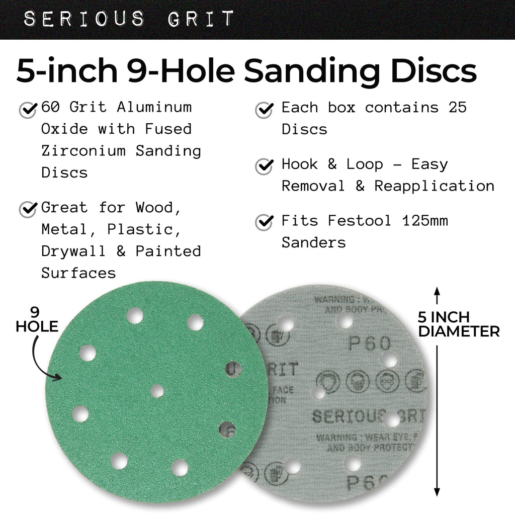 Serious Grit - 5-Inch 9-Hole 60 Grit Sanding Discs - Heavy-Duty Hook & Loop Film Discs - Sandpaper for Random Orbital Sanders - 25 Pack Box