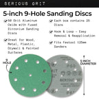 Serious Grit - 5-Inch 9-Hole 60 Grit Sanding Discs - Heavy-Duty Hook & Loop Film Discs - Sandpaper for Random Orbital Sanders - 25 Pack Box
