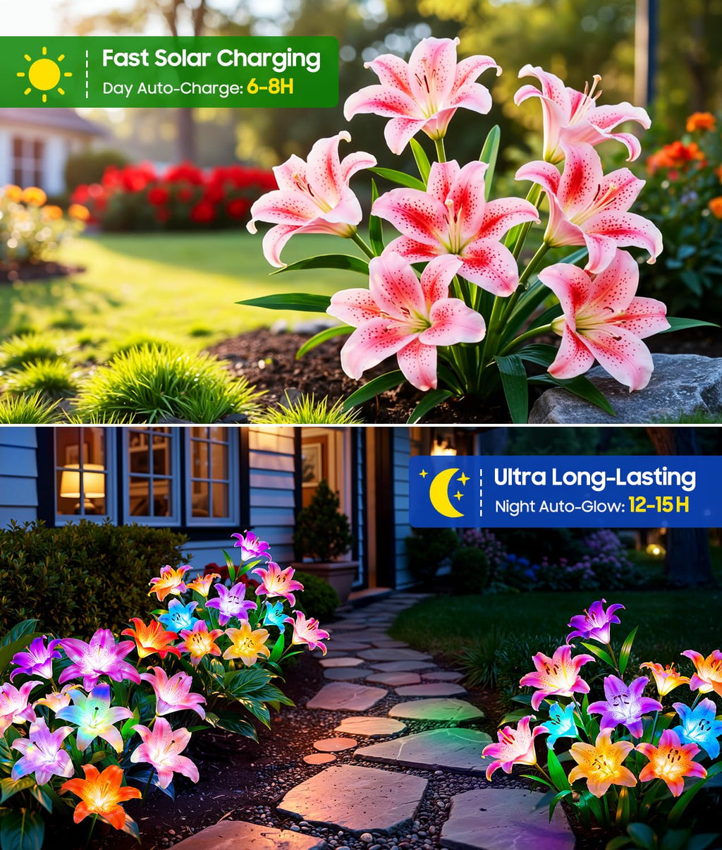 LETMY 8 Pack Solar Garden Lights, Solar Flower Lights with 6 Head Bigger Lily Lights, IP65 Waterproof Solar Lights Outdoor, Decorative Lights for Garden, Patio, Yard, Flower Bed