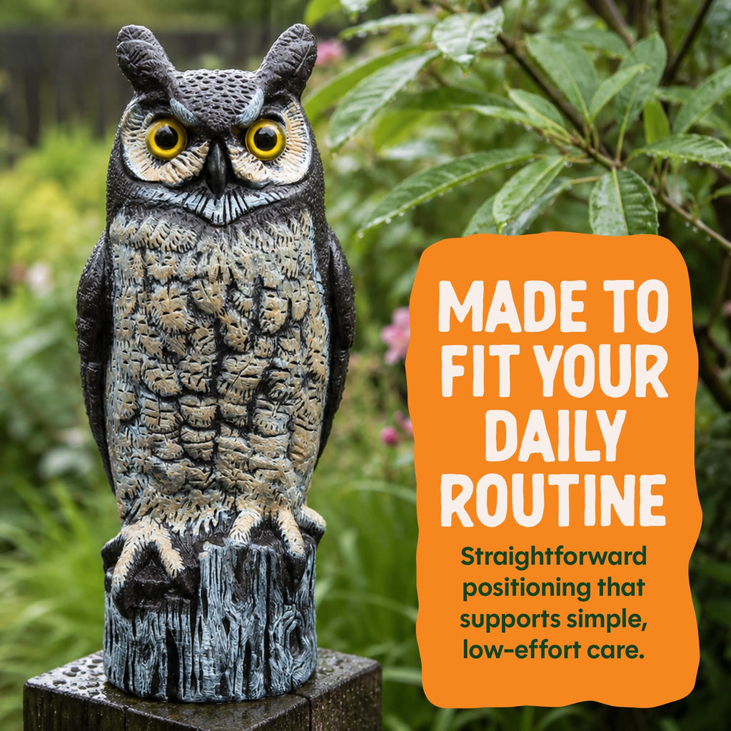 Dalen Lifelike Great Horned Owl Decoy Bird Repellent - 16in Hand-Painted Scarecrow for Gardens & Rooftops, Owl Bird Deterrent, Fixed-Head Design, Fill Base with Sand/Gravel Only - Multicolor