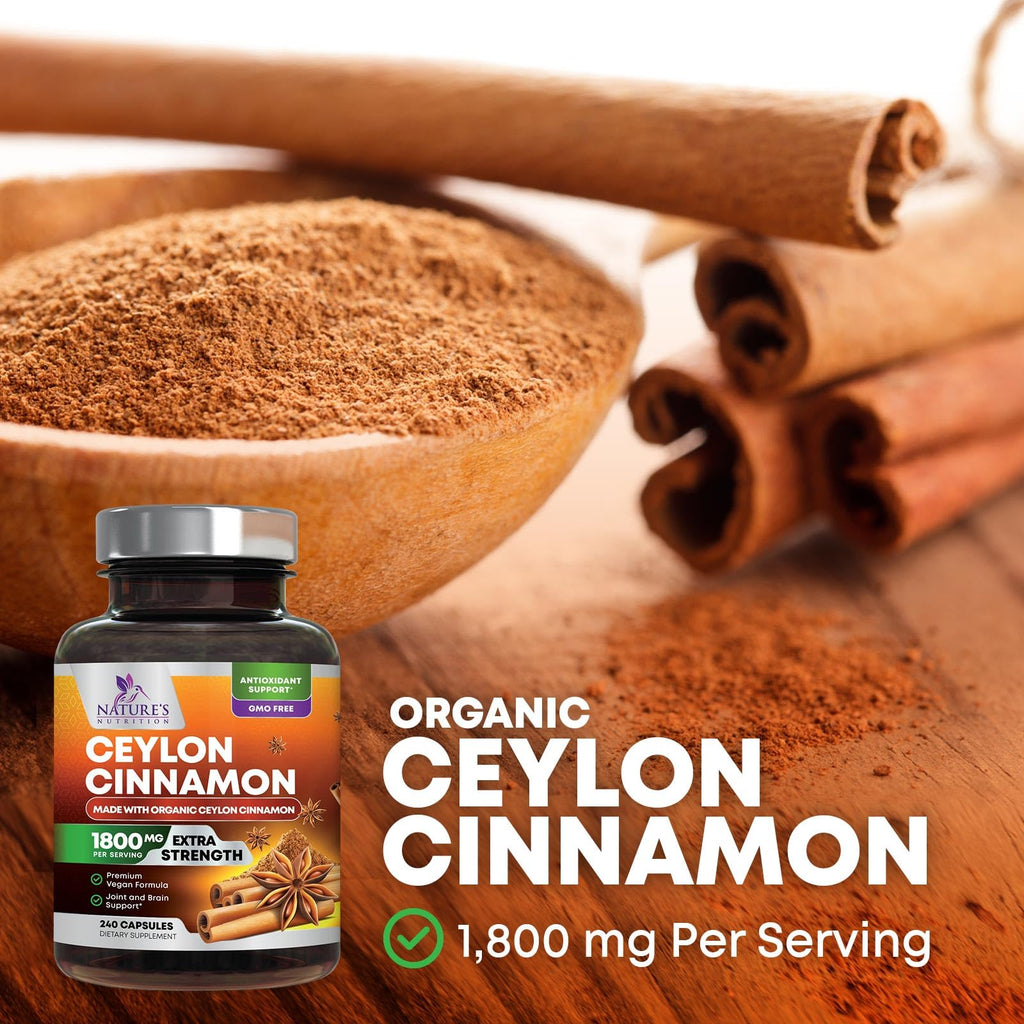 Organic Ceylon Cinnamon Supplement 1800mg - Extra Strength Certified Organic Ceylon Cinnamon Powder Pills - Energy & Heart Support Antioxidant for Women & Men, Bottled in USA, Non-GMO - 240 Capsules