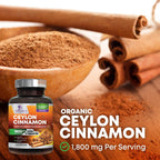 Organic Ceylon Cinnamon Supplement 1800mg - Extra Strength Certified Organic Ceylon Cinnamon Powder Pills - Energy & Heart Support Antioxidant for Women & Men, Bottled in USA, Non-GMO - 240 Capsules