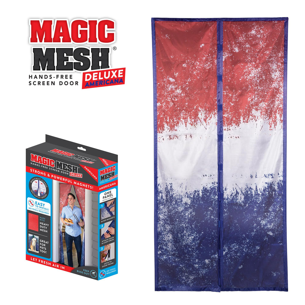 Magic Mesh Deluxe- Americana 2 Pack- Hands Free Magnetic Screen Door, Mesh Curtain Keeps Bugs Out, Frame Hook & Loop, Hands Free, Pet & Kid Friendly- Fits Doors up to 39 x 83 Inches, Red/White/Blue