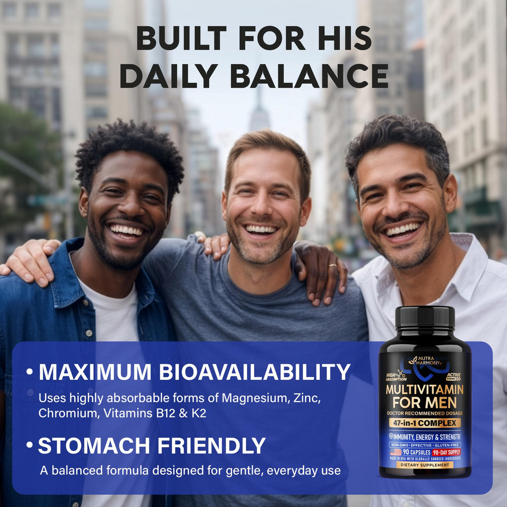 Multivitamin for Men - B-Complex | Whole Foods & Enzymes - Energy, Focus & Brain | Men's Health Complex - 46in1 Mens Multivitamin - Bioavailable & Gentle on Stomach - Made in USA - 90 Capsules, 1/Day