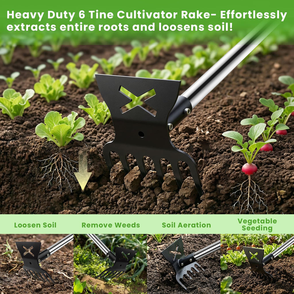 2 in 1 Garden Hoe for Weeding and Cultivator Rake with 57" Long Handle