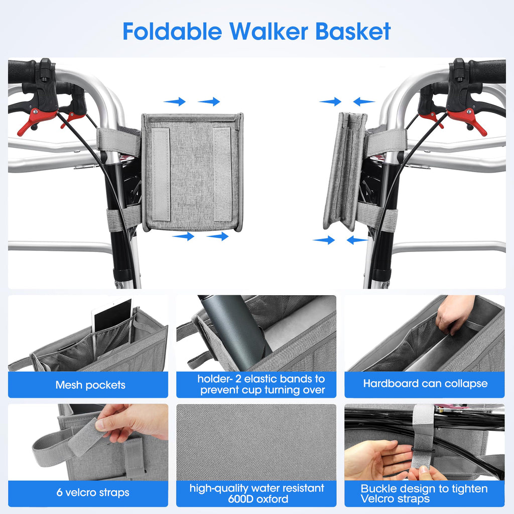Dotday Upgraded Walker Basket with Cup Holder, Foldable Walker Bag with Large Capacity & Never Tipping Over, Not Fit for Rollator - Grey