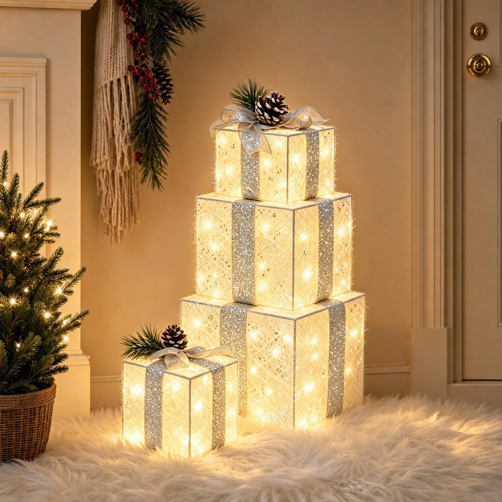 Set of 4 Christmas Lighted Gift Boxes, Battery Operated Xmas Decor