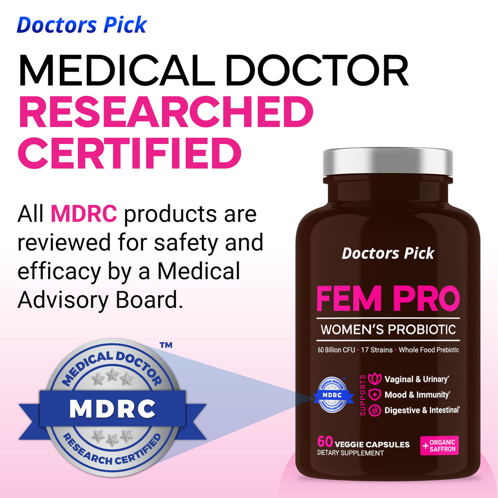 Doctors Pick Fem Pro Probiotics for Women. 17 Clinically Effective Strains for Vaginal, Digestive & Immune Support, Urinary Tract Health, pH Balance and Mood. 60 Veggie Capsules, 2 Month Supply
