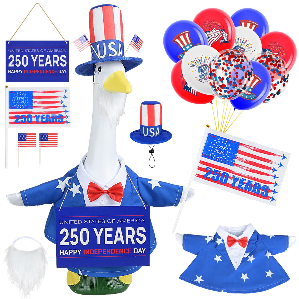 MOVINPE 4th of July Porch Goose Outfit, 250th Anniversary Patriotic Costume Set for 23'' Lawn Goose Statues – Door Sign, Dress Coat, Top Hat, Fake Beard, Flags & Balloons Uncle Sam Lawn Decor