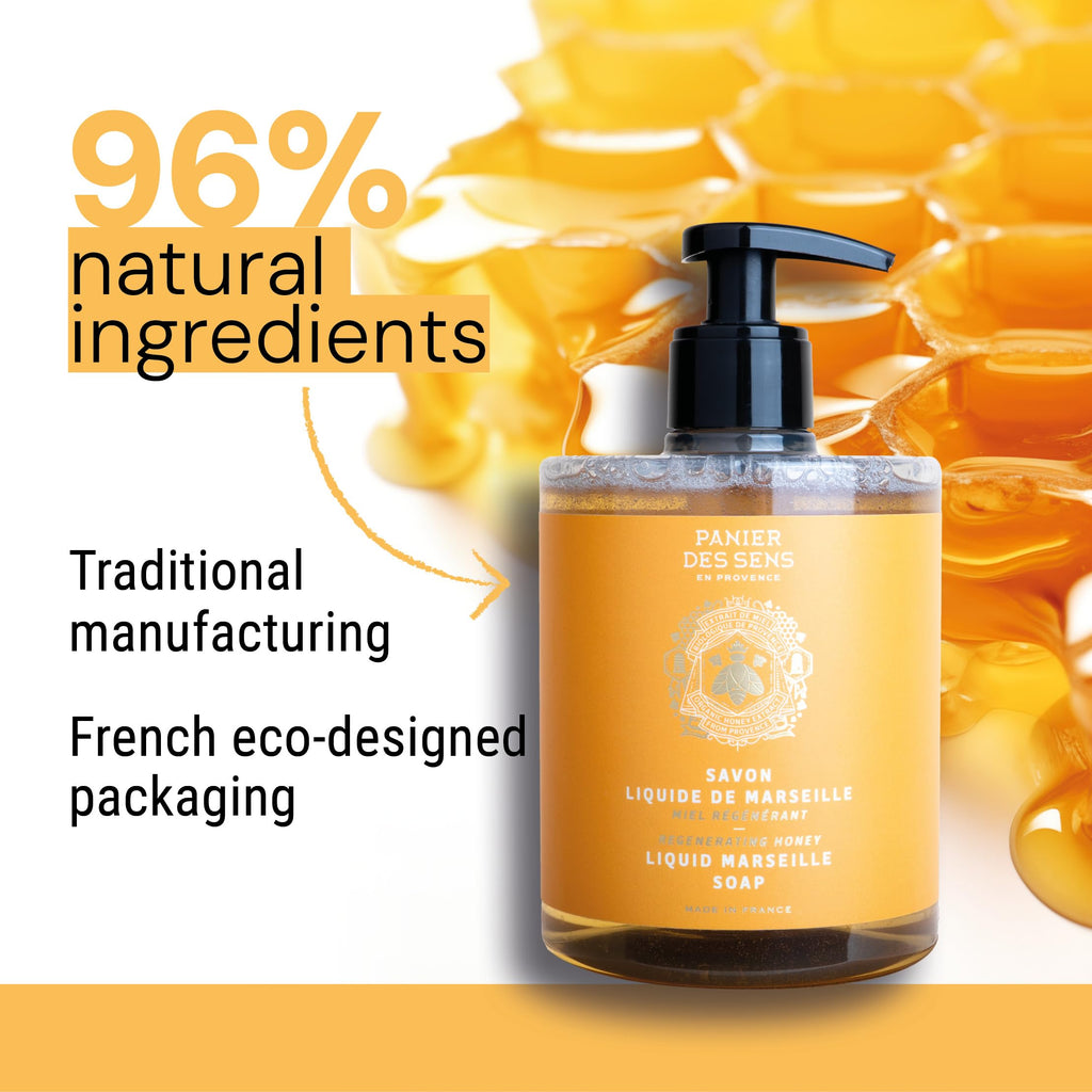 Panier des Sens - Nourishing Honey Moisturizing Liquid Hand Soap - French Provence Hand Wash - Savon de Marseille Soap with Olive Oil - Refillable Bottle - 97% Natural Ingredients - 16.9 Fl Oz