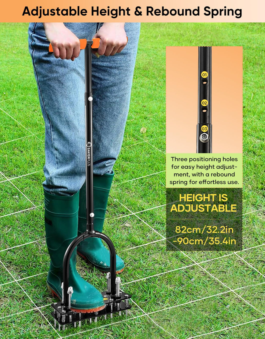 Sakerplus Aerator Lawn Tool, Hand Metal Spike Lawn Aerator with Rebounce Spring Base, Automatic Leaf and Dirt Cleaning, Grass Aerator for Lawn Care, Soil Loosening, Yard Aerating (Orange Handle)