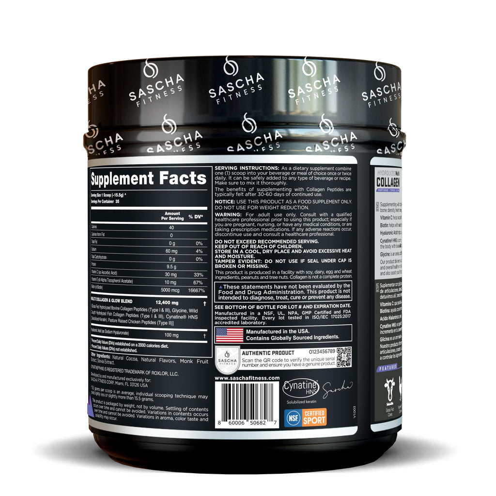 SASCHA FITNESS Hydrolyzed Multi Collagen Peptides Tipes 1,2 & 3 |Hyaluronic Acid|Biotin Cynatine HSN|Vitamin C & E |for Hairs, Skin & Bone Support|Chocolate Flavor