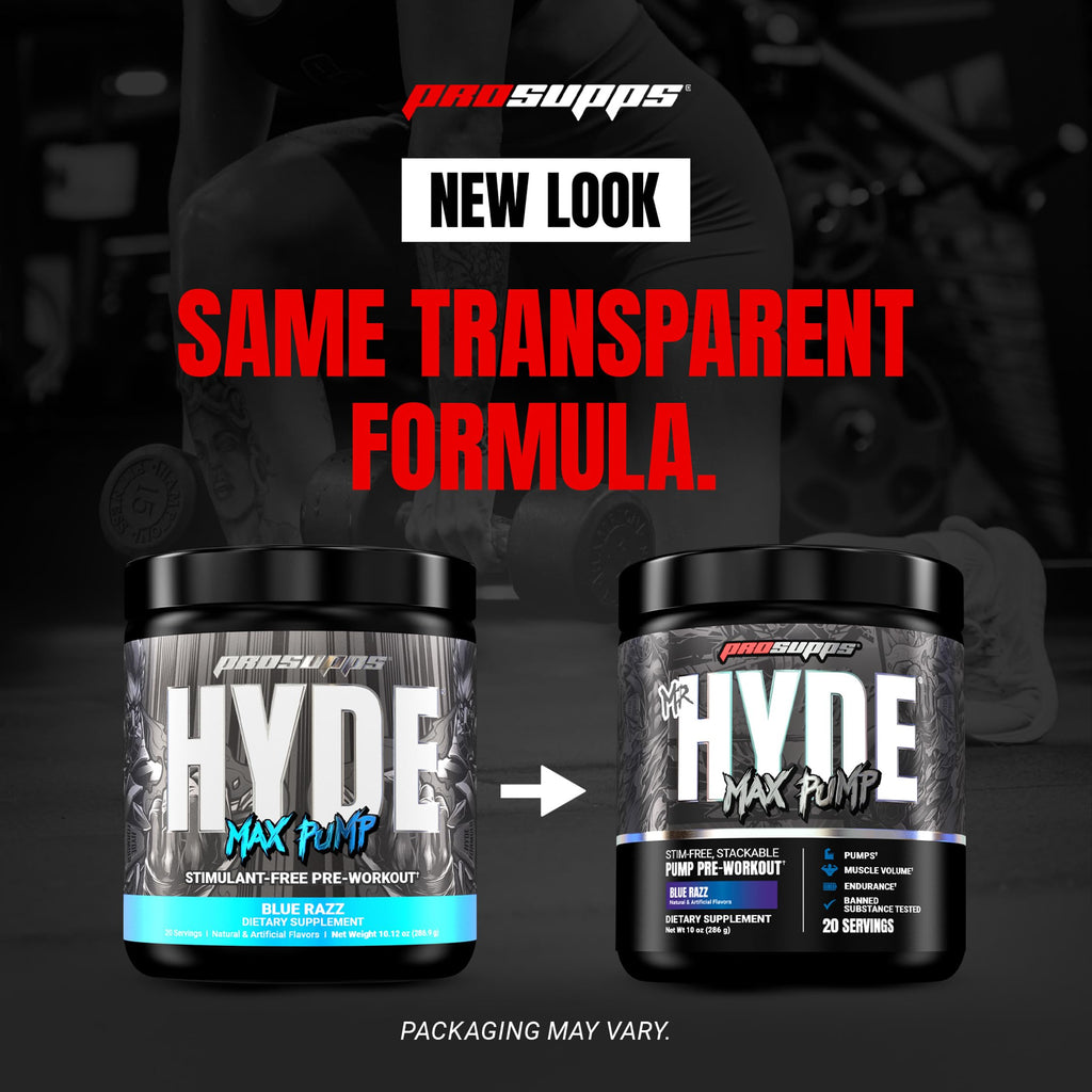 ProSupps Mr. Hyde Max Pump Pre Workout Powder - Stim-Free Preworkout Supports Blood Flow, Muscle Volume & Endurance - Caffeine-Free Nitric Oxide Gym & Fitness Supplements (Blue Razz, 20 Servings)