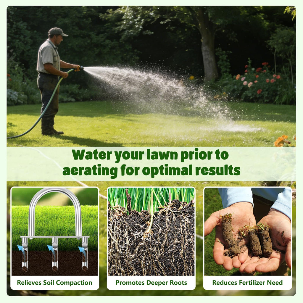Lawn Aerator Tool, Stainless Steel Manual Core Aerator with 3 Hollow Tines