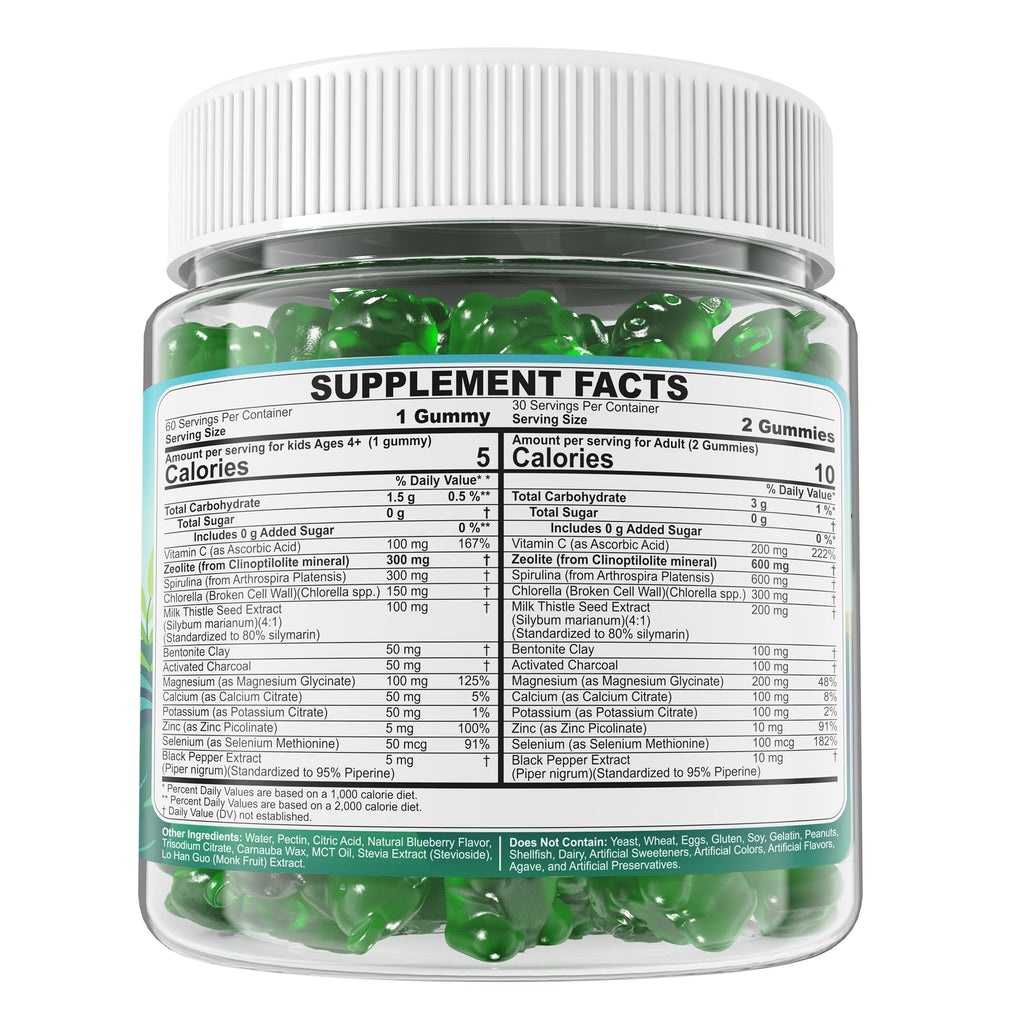 Zeolite Detox for kids & Adult-Sugar Free Zeolite Detox Gummies with Spirulina, Chlorella, Milk Thistle, Magnesium Glycinate, Calcium Citrate for Energy, Focus, Digestive, Immune, Antioxidant - 120Cts