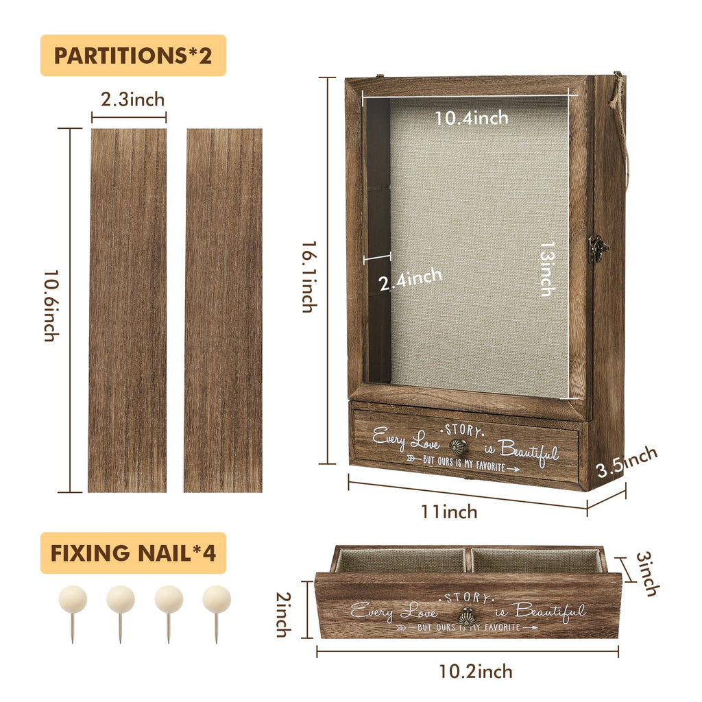 AW Bridal 11X16 Large Shadow Box Picture Frames Deep Shadow Boxes Display Cases with Removable Shelves and Drawers, Brown Wooden Memory Boxes for Keepsakes with Slot Christmas Decorations Gifts