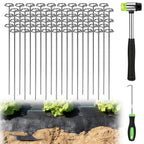 12 Inch Landscape Staples with Hook & Hammer - 60pcs Circle Top Weed Barrier Stakes Kit, 9 Gauge Galvanized Rust-Resistant Garden Fabric Pins, for SOD, Garden Edging, Install & Remove Tools Included