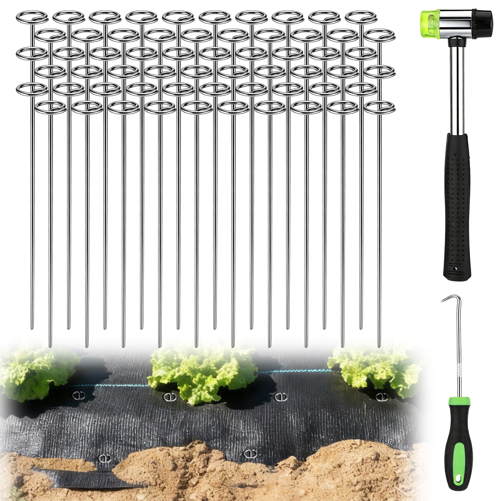 12 Inch Landscape Staples with Hook & Hammer - 60pcs Circle Top Weed Barrier Stakes Kit, 9 Gauge Galvanized Rust-Resistant Garden Fabric Pins, for SOD, Garden Edging, Install & Remove Tools Included