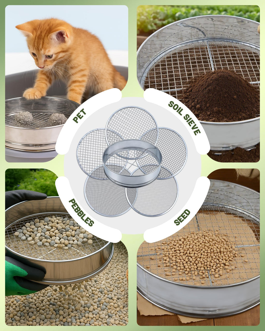 HIPULX 5-in-1 Soil Sifter Set with 5 Replaceable Stainless Steel Mesh Screen & Shovel (1/8" to 1/2"), Soil Sifter for Soils, Compost, Bonsai, Cat Litter and More（11-5/8" Diameter）
