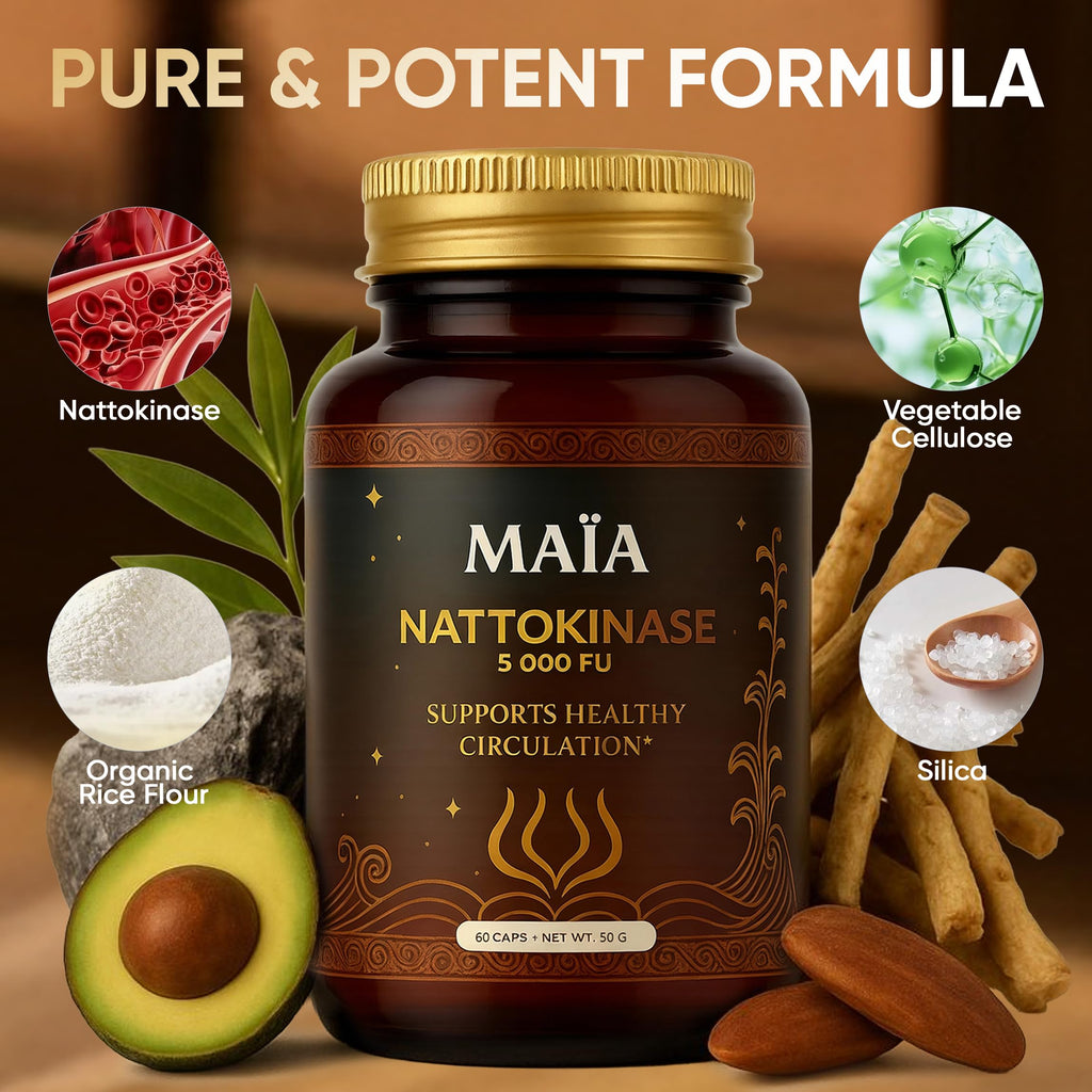 Maia Nattokinase Supplement, with 5000 FU, Supports Arterial Cleanliness and Heart Health, Promotes Healthy Circulation, Added Vitality and Wellness, Plant-Based Capsules, Zero Sugar, 60 Capsules