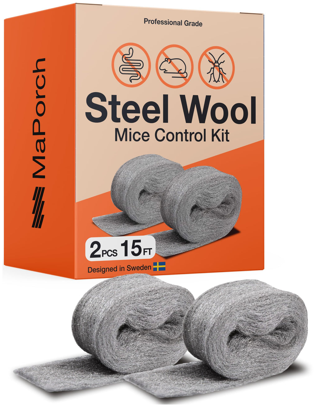 MaPorch Steel Wool Mice Control Kit - 15ft - Mouse Hole Filler - Grade 4 Coarse Steel Wool for Mice, Rat and Rodent Control (2 Rolls)