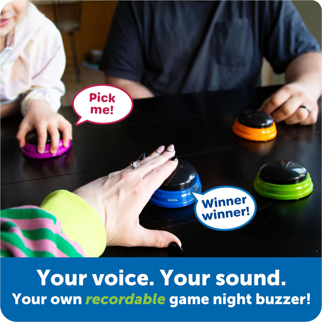 Learning Resources Recordable Answer Buzzers - Set of 4, Ages 3+ | Pre-K Personalized Sound Buzzers, Recordable Buttons, Game Show Buzzers, Perfect for Family Game and Trivia Nights