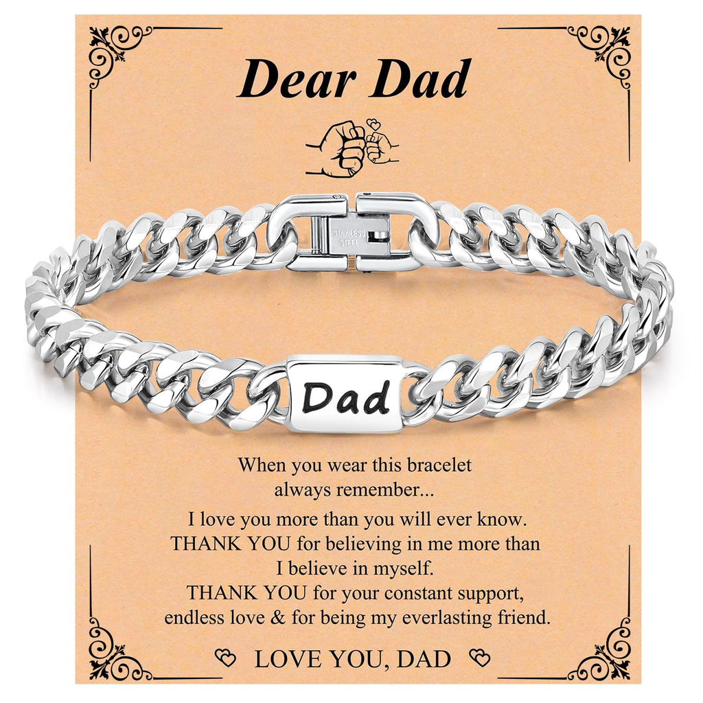 Fathers Day Gift Bracelet for Dad - Stainless Steel Cuban Chain Link Bracelet Gifts for Men Dad from Son Daughter Classic Hip Hop Anniversary Personalized FatherJewelry Gifts for Him Husband Boyfriend