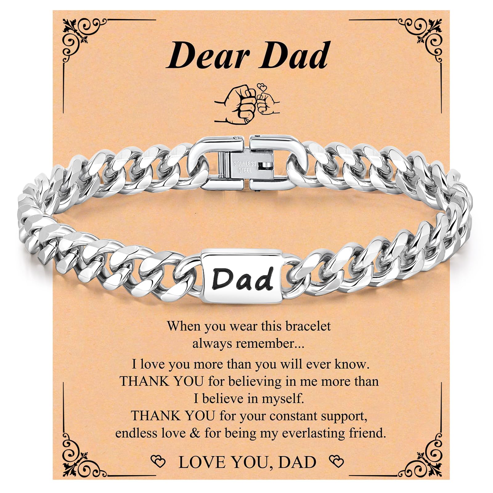 Fathers Day Gift Bracelet for Dad - Stainless Steel Cuban Chain Link Bracelet Gifts for Men Dad from Son Daughter Classic Hip Hop Anniversary Personalized FatherJewelry Gifts for Him Husband Boyfriend