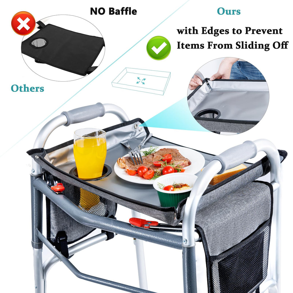 BAGSFY Walker Tray with Cup Holder & Side Pocket – Hard Top Walker Table for Seniors – Folding Walker Accessory for Meals, Reading, Drinks – Non-Slip Surface, Tool-Free Install, Universal Fit