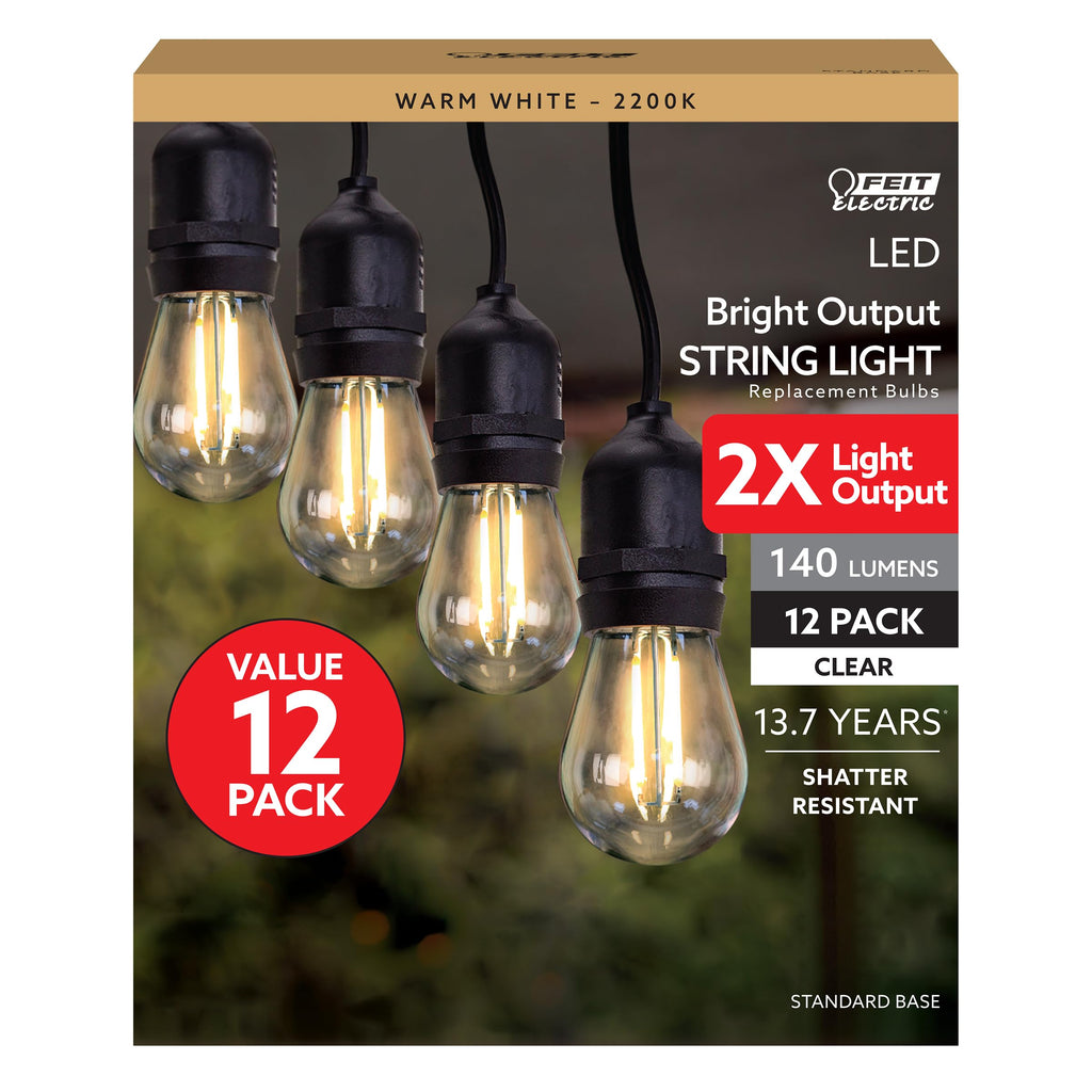 Feit Electric S14 LED Filament Light Bulbs, High Output, 2200K Warm White, 140 Lumens, String Light Replacement Bulbs, 15,000-Hour Lifespan, Clear Durable Housing, S14HO/822/FIL/12, 12 Pack