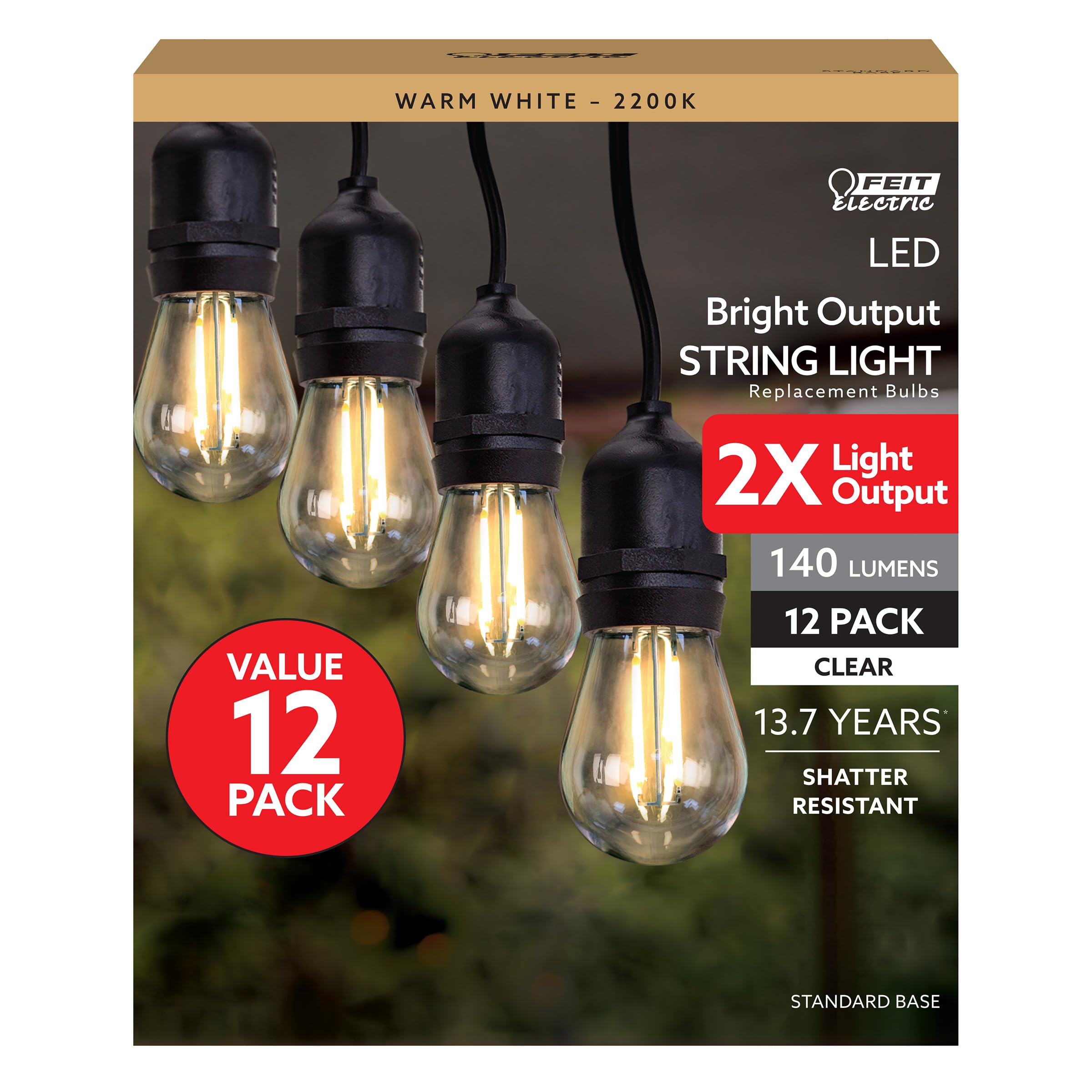 Feit Electric S14 LED Filament Light Bulbs, High Output, 2200K Warm White, 140 Lumens, String Light Replacement Bulbs, 15,000-Hour Lifespan, Clear Durable Housing, S14HO/822/FIL/12, 12 Pack