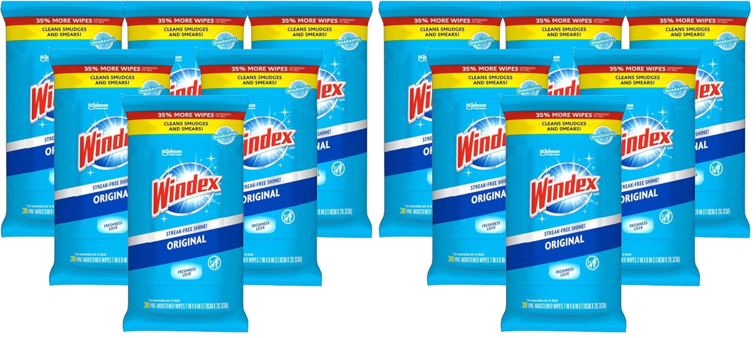 Windex Wipes Glass Cleaning, Pre-Moistened Glass and Surface Wipes to Clean Home Surfaces, Household Essentials, Original Scent, 38 Count (Pack of 12)