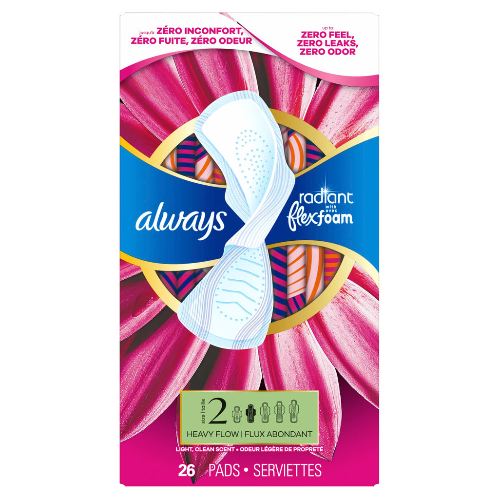 Always Radiant Feminine Pads for Women, Flexfoam Pads with Wings, Size 2, Heavy Absorbency, Lightly Scented, 78 Count (3 Packs of 26)