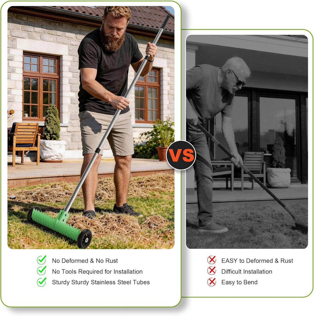 Thatch Rake for Lawn, 15-Inch Dethatcher Rake with Rolls Adjustable 0-15°